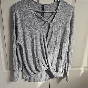 Design Lab Lord & Taylor Heather Gray Crisscross Wrap Long Sleeve Top
